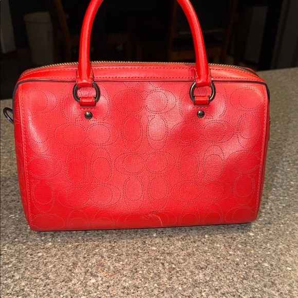 Coach Leather Red Perforated Signature Satchel with Silver Hardware - Picture 3 of 5